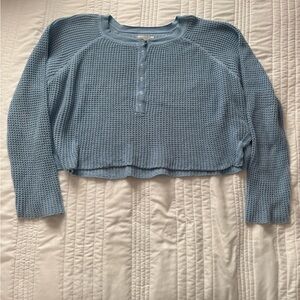 Light Blue Waffle Knit Henley Cropped Sweater Top